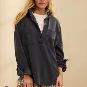 Aerie Popover Polo Sweatshirt XXS Smoked Gray